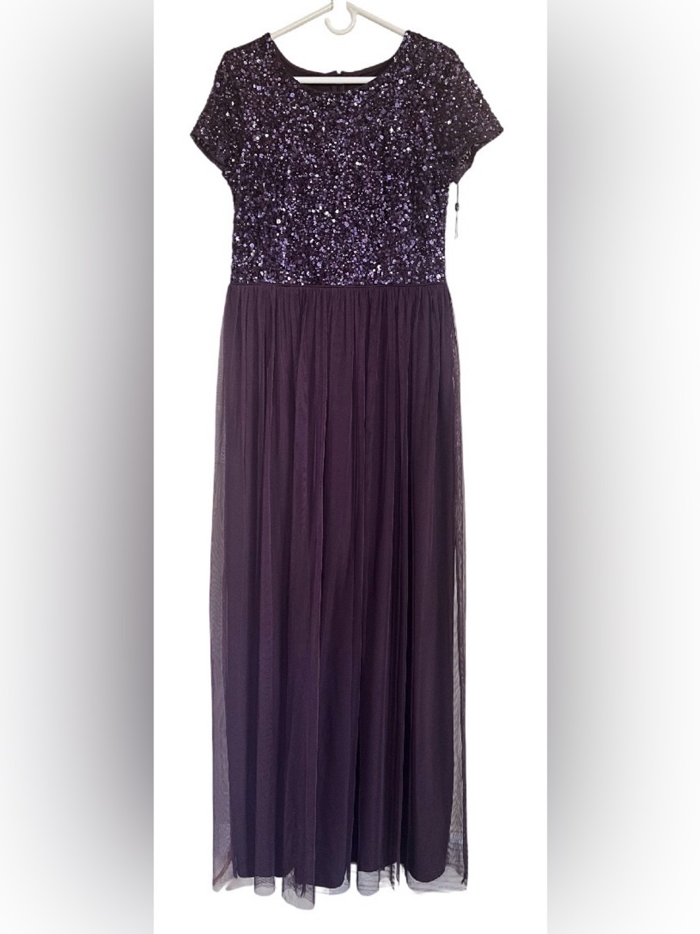 Adrianna Papell Sequin Tulle Dress in Currant Purple Size 14 NWT